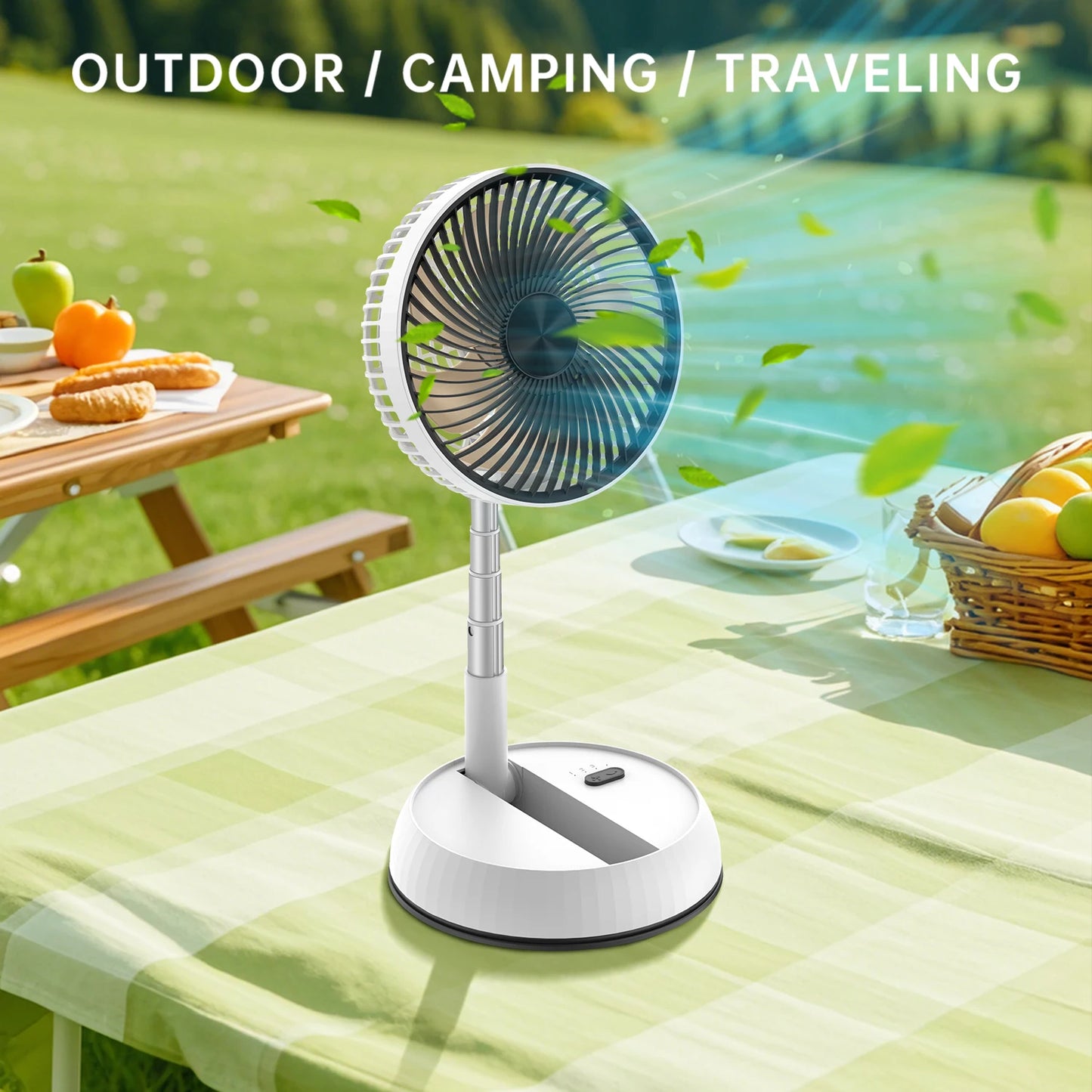 Portable Oscillating Standing Fan - Rechargeable, Foldable with Remote for Camping & Home