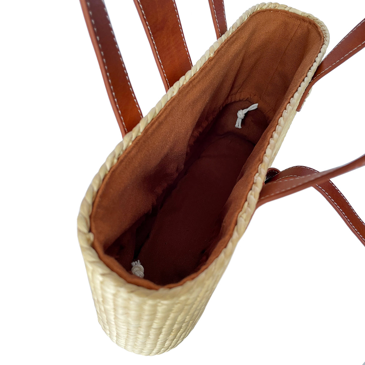 Large square basket bag with long leather shoulder straps and cross-stitch detail